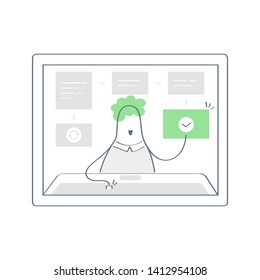 Business dashboard, cartoon man manage workflows, interact with task cards and performs tasks on his computer display. Flat outline vector on white, premium quality illustration design for website