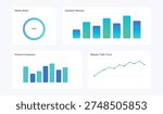 A business dashboard displaying key performance indicators, including market shares, quarterly revenue, product comparison, and website traffic trend. The infographic features colorful graphs and charts on a clean and modern design, providing a clear and concise visual representation of business data and statistics.