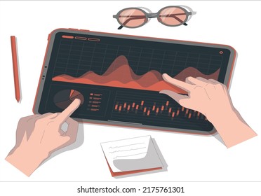 Business dashboard finance management on 3D mobile with aspects business analysis and analytics online the app. Investment, trade and finance management with infographics. Market trend analysis.