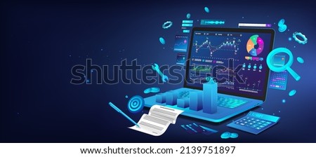 Business dashboard finance management on 3D laptop with aspects business analysis and analytics online through the app. Investment, trade and finance management with infographics. Vector blue banner