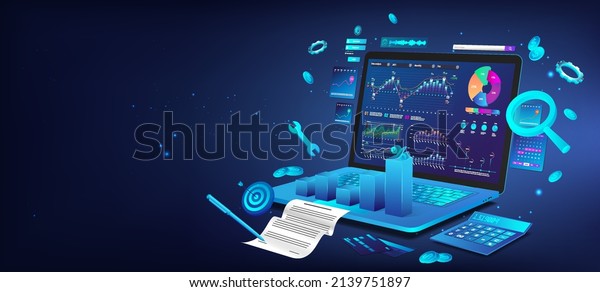 Business dashboard finance management on 3D laptop\
with aspects business analysis and analytics online through the\
app. Investment, trade and finance management with infographics.\
Vector blue banner