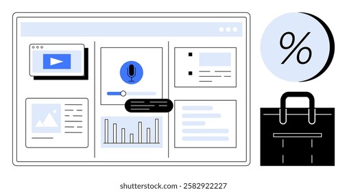 Business dashboard interface displaying charts, video, microphone, and business bag symbol. Ideal for productivity tools, online meetings, data analysis, business presentations, e-learning, content