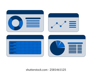 Business dashboard with pie charts and graphs 2D cartoon objects set. Data analysis, analytics reports isolated elements flat vector cliparts on white background. Spot illustrations collection