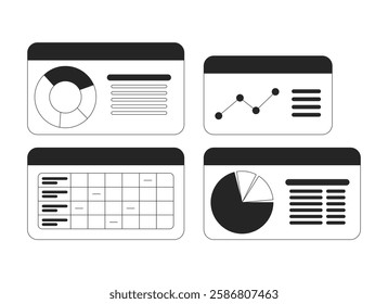 Business dashboard with pie charts and graphs black and white 2D line objects set. Data analysis, analytics reports isolated clip arts vector outline items collection. Monochrome spot illustrations