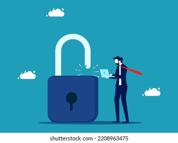 Business data access or unlocking. Businessman unlocking keys with laptop