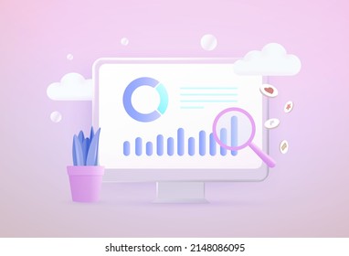 Business Data analysis 3d vector concept. Ecommerce Metrics, Digital Marketing analytics, seo smm or kpi business information dashboard with finance report and data statistics charts