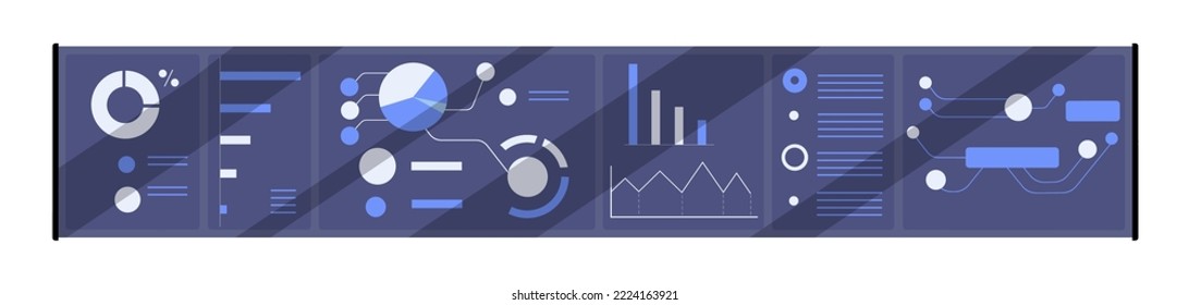 Análisis de datos empresariales con gráficos abstractos, gráficos de barras, diagramas circulares. Informe financiero, concepto de investigación de mercado. Presentación de información en gráficos, esquemas. Ilustración vectorial plana de color