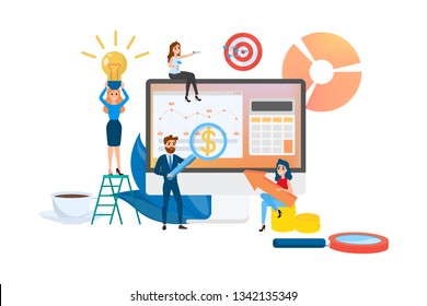 Business data analysis and analytics concept. Chart and graph, diagram research. Making report for optimization. Vector flat illustration