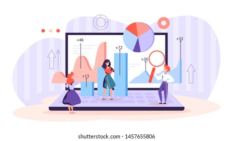 Business data analysis and analytics concept. Chart and graph, diagram research. Making report for optimization. Vector illustration in cartoon style
