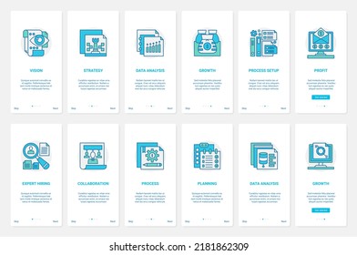 Business data analysis, analytics expert service vector illustration. UX, UI onboarding mobile app page screen set with line support, collaboration partnership in searching success strategy, planning