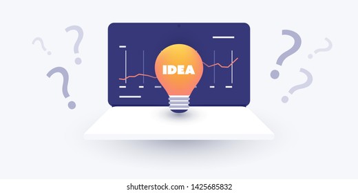 Análisis de negocios o datos, Estadísticas de auditoría o financieras, Concepto de diseño de asesoramiento de inversión con computadora portátil y bombilla. Plantilla de página de inicio. Ilustración vectorial