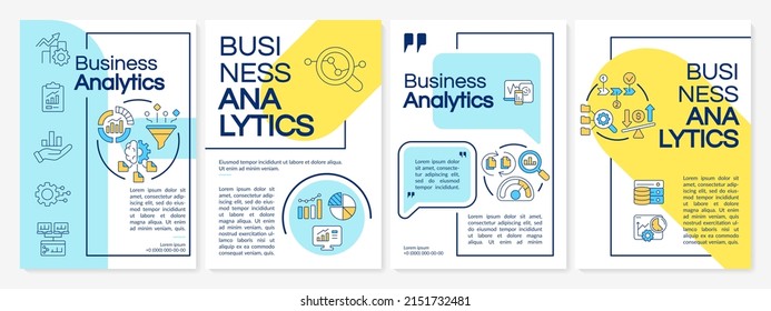 Business data analysis blue and yellow brochure template. Monitoring processes. Leaflet design with linear icons. 4 vector layouts for presentation, annual reports. Questrial, Lato-Regular fonts used