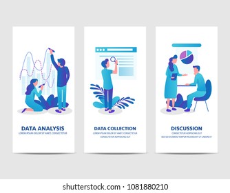 business data analysis, data collection and meeting discussion character design vector illustration flat design.