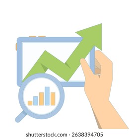 Business data analysis concept. magnifying glass on bar chart with arrow pointing up, business financial investment. dashboard information chart report. showing data analysis and growth.