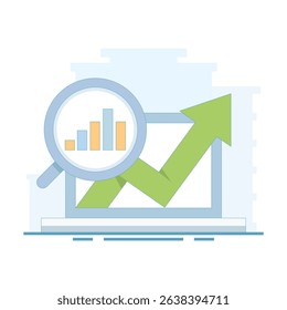 Business data analysis concept. magnifying glass on bar chart with arrow pointing up, business financial investment. dashboard information chart report. showing data analysis and growth.