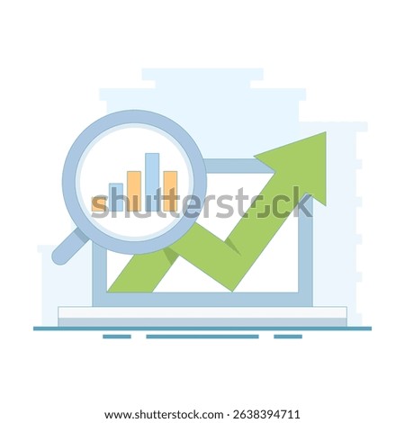 Business data analysis concept. magnifying glass on bar chart with arrow pointing up, business financial investment. dashboard information chart report. showing data analysis and growth.