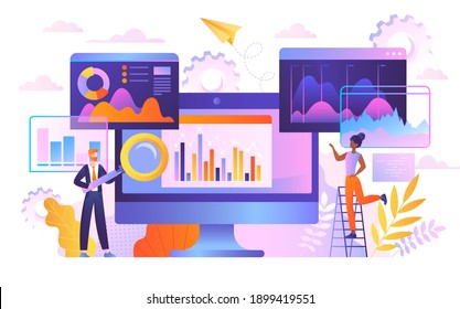Business data analysis concept. Male and female multiracial analysts study information on monitors with graphs, tables and charts. Flat cartoon vector illustration.