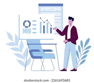 Business data analysis concept. Male entrepreneur presents report and talks about financial statistics of company. Accountant with graphs and charts. Cartoon flat vector illustration in simple style