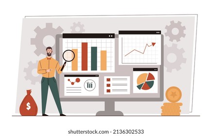 Business data analysis concept. Man with magnifying glass studies statistics and develops strategy for promoting company. Entrepreneur checks graphs and charts. Cartoon flat vector illustration