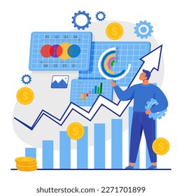 Business data analysis concept. Man financier marketer analyzing growth charts. Increase sales and skills. People analytics. Monitoring investment. Finance report graph. Information and diagrams