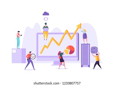Business Data Analysis Concept. Marketing Strategy, Analytics with People Characters Analyzing Financial Statistics Data Charts on Computer. Vector illustration