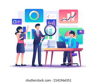 Business data analysis concept and monitoring financial investment report with businesspeople team working on graph screen dashboard. Flat style vector illustration