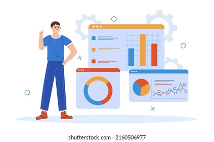 Concept d'analyse des données d'entreprise. Jeune entrepreneur ou comptable étudie l'infographie, les statistiques financières sur le web. Stratégie de développement de l'entreprise. Illustration vectorielle à plat