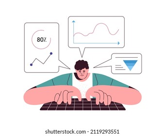 Business data analysis and effective management concept. Analyst analyzing information, graphs. Logic thinking. Businessman works with analytics. Flat vector illustration isolated on white background