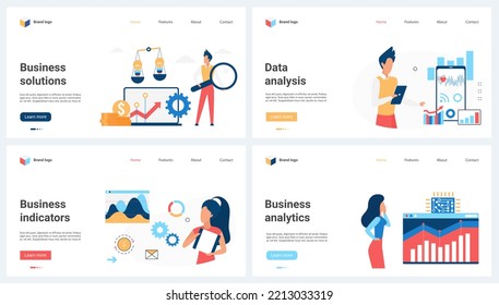 Business data analysis, financial analytics, audit set vector illustration. Cartoon analysts research graph and chart report for sales growth, concepts for banner, website design or landing web page
