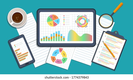 Análisis de datos empresariales y concepto de auditoría financiera. Contabilidad en línea. Planificación presupuestaria. Pantalla de tableta digital con análisis de negocios, gráficos y gráficos de análisis de datos. Ilustración vectorial de estilo plano.