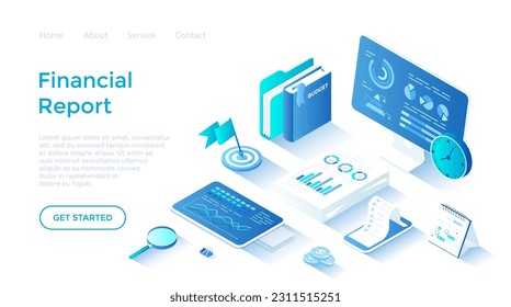 Business Data Analysis, Financial Report. Statistics and business statement. Research of company documents. Isometric illustration. Landing page template for web on white background.	
