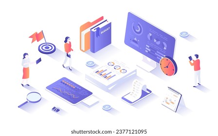 Business Data Analysis, Financial Report. Statistics and business statement. Research of company documents. Isometry illustration with people scene for web graphic.	
