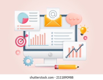 Business data analysis. Financial statistics. Finance Infographic report market analysis. Stock investment exchange. Desktop monitor computer. Creative concept idea, realistic 3d. Vector illustration
