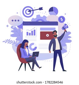 Business and Data Analysis flat illustration. Project Management and Project Report color design. Woman with Laptop and Man with Bullhorn vector colorful metaphor, isolated on white background.