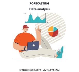 Business data analysis for forecast. Employee planning a new project, start up or marketing campaign. Business strategy building. Future profit and risks assesment. Flat vector illustration