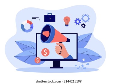 Business data analysis and hand holding megaphone. Computer screen, smart marketing, digital payment flat vector illustration. Internet, communication concept for banner or landing web page