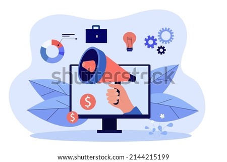 Business data analysis and hand holding megaphone. Computer screen, smart marketing, digital payment flat vector illustration. Internet, communication concept for banner or landing web page