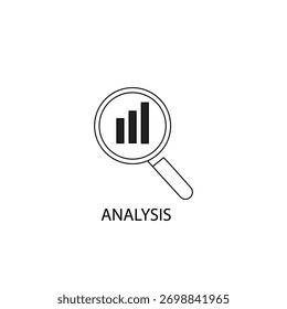 Business data analysis icon — magnifying glass with bar chart, analytics concept, flat vector illustration
