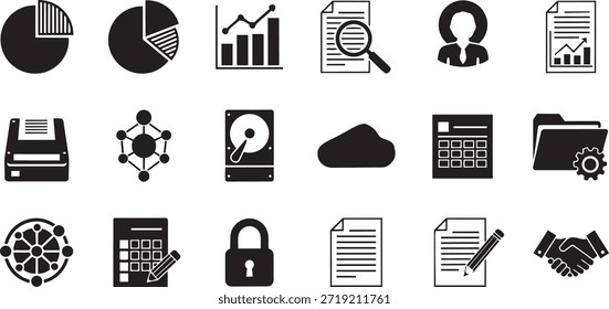 Conjunto de iconos de análisis de negocios y datos con gráficos circulares Gráficos de barras Documentos Almacenamiento en la nube y símbolos de apretón de manos