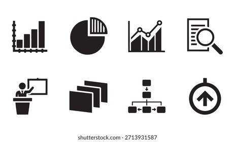 Business data analysis icons vector set. Chart statistic graph document presentation diagram growth flow. Isolated illustration in black and white. Finance management collection.