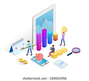 Business data analysis infographic concept with people, money, statistics charts on white background. Landing page template for website. Isometric vector illustration. 