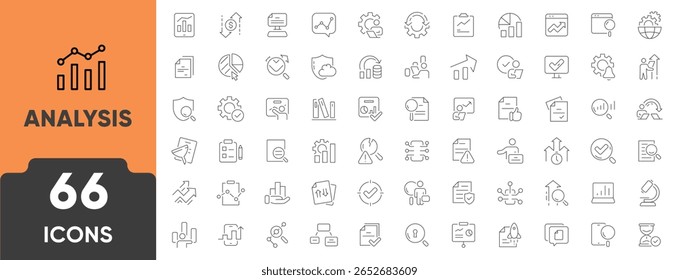 Business Data Analysis and Infographic Line Icon Set. Set of 66 outline icons including charts, graphs, statistics, data, metrics, dashboard, and reporting. Editable stroke. Linear vector illustration