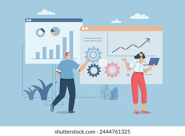 Análisis de datos de negocios, Información para ideas de inversión financiera, Equipo de negocios con análisis o revisión de datos reportados en el tablero, Seguimiento de diversas estadísticas, Ilustración de diseño de Vector.