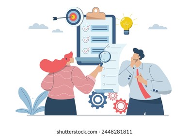 Análisis de datos empresariales, Información para ideas de inversión financiera, Equipo empresarial con análisis o revisión de datos, informes, documentos o Cuentas, Seguimiento de diversas estadísticas, Ilustración vectorial.