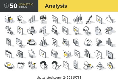 Business and data analysis. Isometric linear icons: analysis to infographics, analytics, and statistics. Collection includes charts, graphs, metrics, and more. Vector illustration