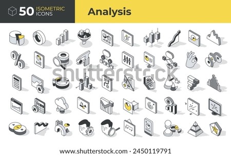 Business and data analysis. Isometric linear icons: analysis to infographics, analytics, and statistics. Collection includes charts, graphs, metrics, and more. Vector illustration