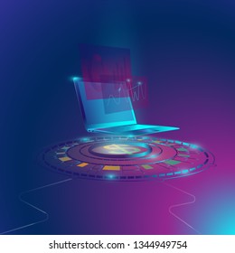 Business data analysis with laptop 3D. Information isometric vector illustration design. Web banner digital and finance communication for Future connection concept.