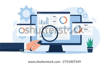 Business Data Analysis with Magnifying Glass on Dashboard – Analytics and Statistics Flat Vector Illustration