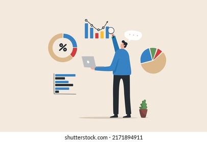 Business data analysis, market research, investment financial reports. Stock market. Business analyst holding a magnifying glass to analyze charts. vector illustration