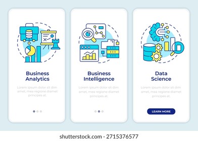 Business data analysis onboarding mobile app screen. Statistical analytics. Walkthrough 3 steps editable graphic instructions with linear concepts. UI, UX, GUI